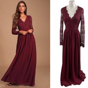 Lulu's Awaken My Love Burgundy Long Sleeve Lace Cocktail Party Maxi Dress Size L